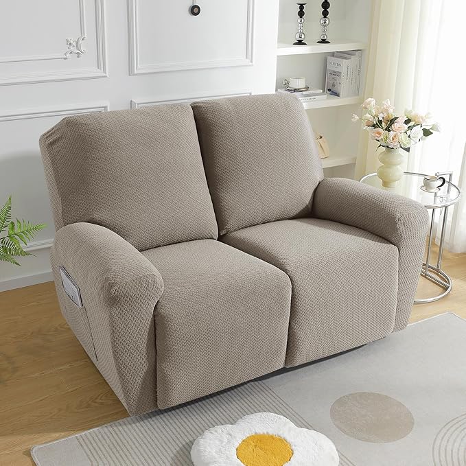 JIVINER 6-Piece Loveseat Recliner Slipcover Stretch Jacquard Recliner Sofa Cover 2 Seater Washable Reclining Couch Cover with Pocket Fitted Furniture Protector Cover (Loveseat Recliner, Khaki)