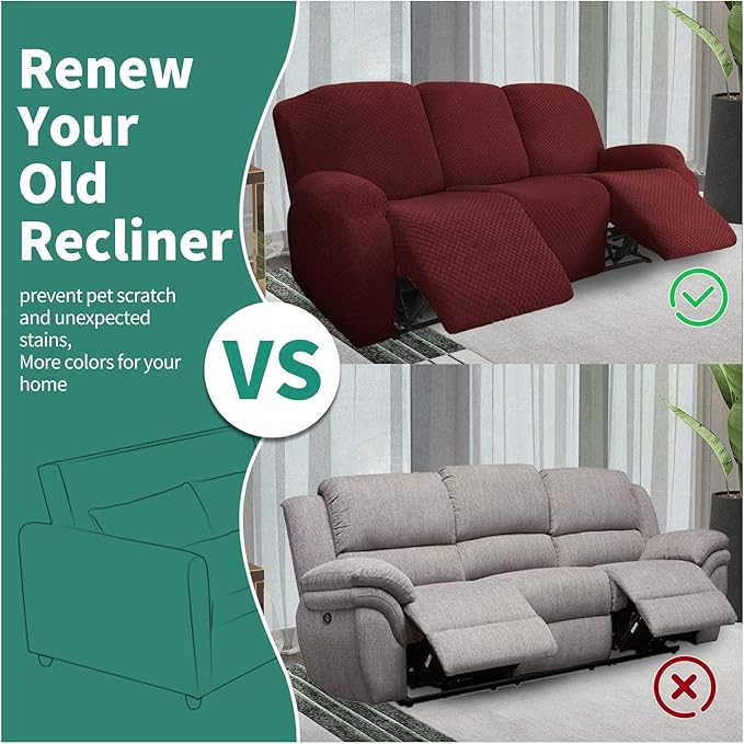 YEMYHOM 8 Pieces Stretch Recliner Sofa Cover Latest Jacquard Reclining Couch Cover with Side Pocket Anti-Slip Fitted 3 Cushion Furniture Slipcovers with Elastic Bottom (Large, Wine Red)
