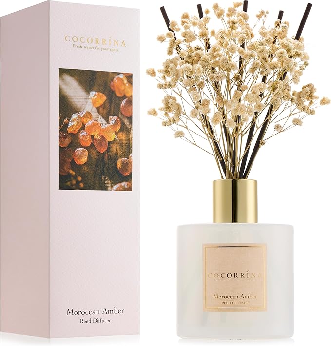 COCORR??NA Reed Diffuser - Moroccan Amber 6.7 Fl.oz Reed Diffuser Set with Sticks & Preserved Baby's Breath, Reed Diffuser for Home Bathroom Shelf Decor