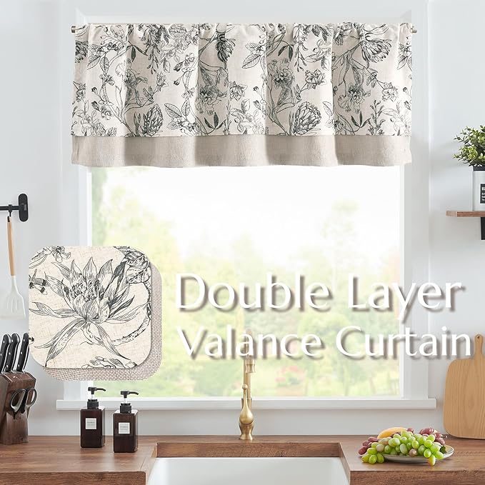 jinchan Linen Floral Valance for Windows Blackout Double Layer Valance Curtain 18 Inch Length for Living Room Bathroom Overlay Botanic Farmhouse Room Darkening 1 Panel Black on Beige