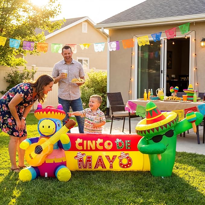 6.5FT Long Cinco De Mayo Inflatables Outdoor Decorations, Guitar Donkey & Maraca Cactus, Mexican Fiesta Blow Up Yard Decor for May 5 Taco Party, Lawn Garden Indoor Outdoor