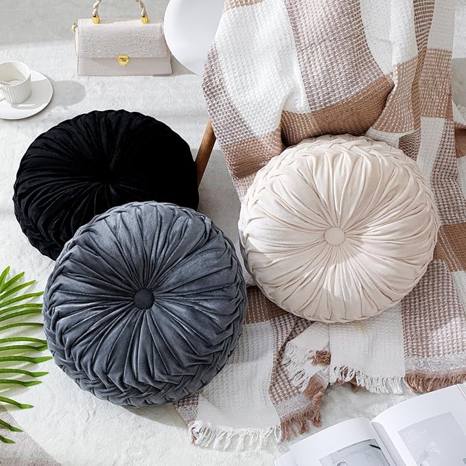 Drydiet 3 Pcs Round Throw Velvet Pillows Decorative Pleated Throw Pillows 15'' Diameter Accent Pumpkin Boho Chair Cushion for Couch Sofa Home Decoration (Black,White,Gray)