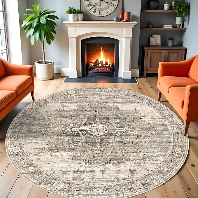 RUUGME Washable 6 ft Round Rug - Boho Rugs for Living Room Stain Resistant Carpet Vintage Tribal Rugs for Bedroom Kitchen Dining Room with Non Slip Backing Home Decor Floor Decoration Mat 6ft Beige