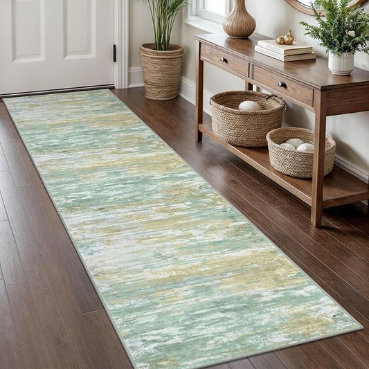 KOZYFLY Modern Abstract Hallway Runner Rug, 2x8 Kitchen Rugs Non-Slip Washable Soft Striped Runner Rugs, Print Light Green Yellow Carpet Runner for Entryway Bathroom Laundry Room Foyer