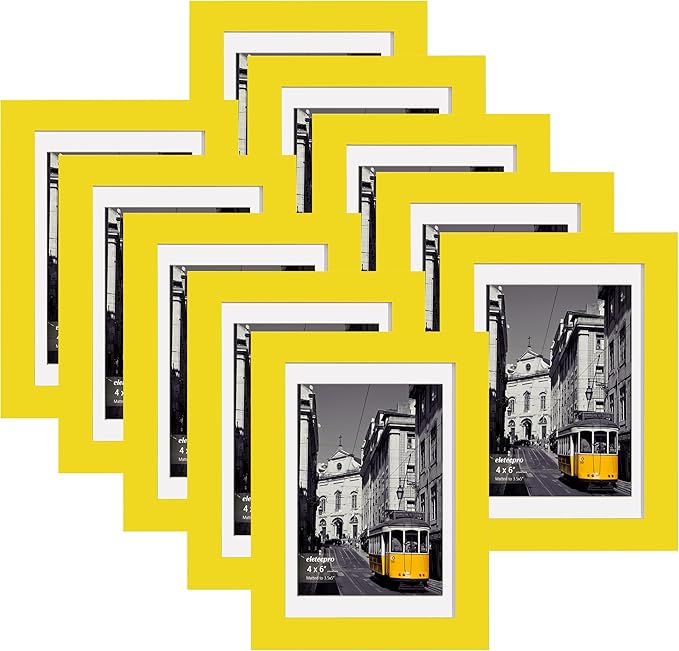 eletecpro 4x6 Picture Frames Set of 10, Picture Frames Collage Wall Decor Display 3.5x5 Photo with Mat or 4x6 without Mat, Home Decor Gallery Frame for Table Top or Wall Mounting, Yellow