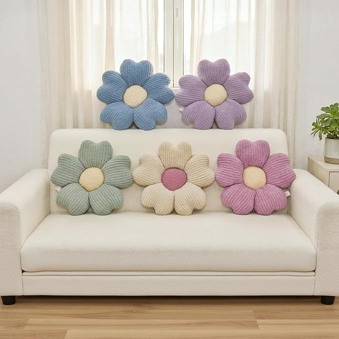 2 Pcs Lavender Decorative Throw Pillows, 15'' Cute Daisy Flower Shaped Pillow Floor Seating Cushion for Bed Couch Sofa Bedroom Room Dorm Decor (Lavender & Ivory)