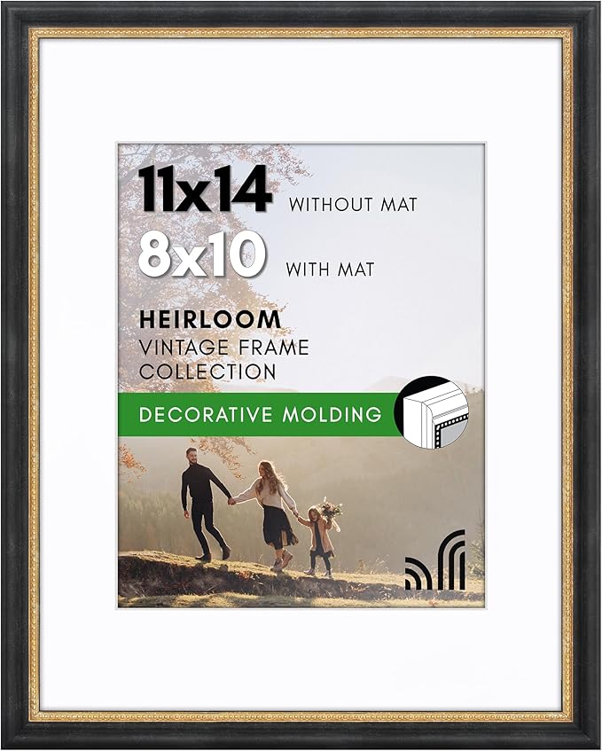 Americanflat Vintage Frames - 11x14 Picture Frame with Beaded Accents and Shatter-Resistant Glass - Use as 8x10 Frame or Display 11x14 Photos Without Mat - Heirloom Collection - Black Gold