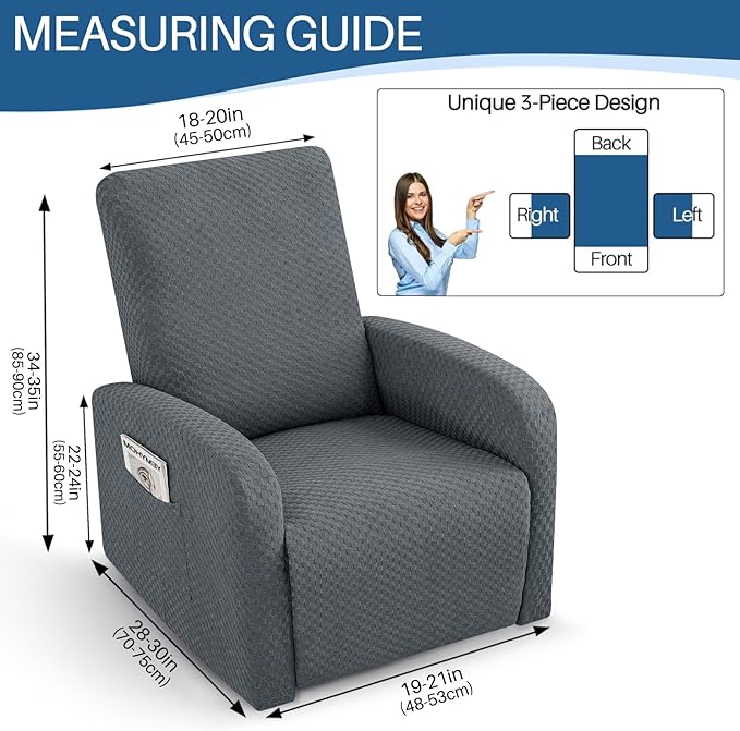 YEMYHOM 3 Pieces Stretch Recliner Slipcover Latest Jacquard Small Recliner Chair Cover with Side Pocket Anti-Slip Fitted Furniture Protector with Elastic Bottom (X-Small Recliner, Dark Gray)
