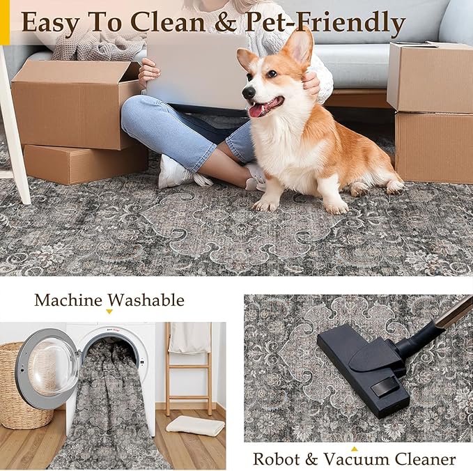 8x10 Washable Area Rug Black Grey Vintage Non Slip Soft Medium Pile Rug for Living Room Bedroom Dining Room Office Distressed Oriental Indoor Large Throw Carpet for Home Decor