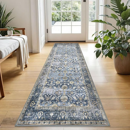 KUTA Runners for Hallways 2x5 ft, Vintage Floral Rug Non-Slip Washable Kitchen Rugs Blue Grey Beige Ultra Thin Soft Printed Distressed Flower Carpet Entryway Rugs for Bedroom Laundry Nursery