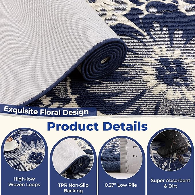 Findosom Hallway Runner Rug 2x8, Non Slip High-Low Textured Floral Washable Runner Rug with Rubber Backing, Boho Carpet Runner for Kitchen, Entryway, Bedroom, Laundry, Navy