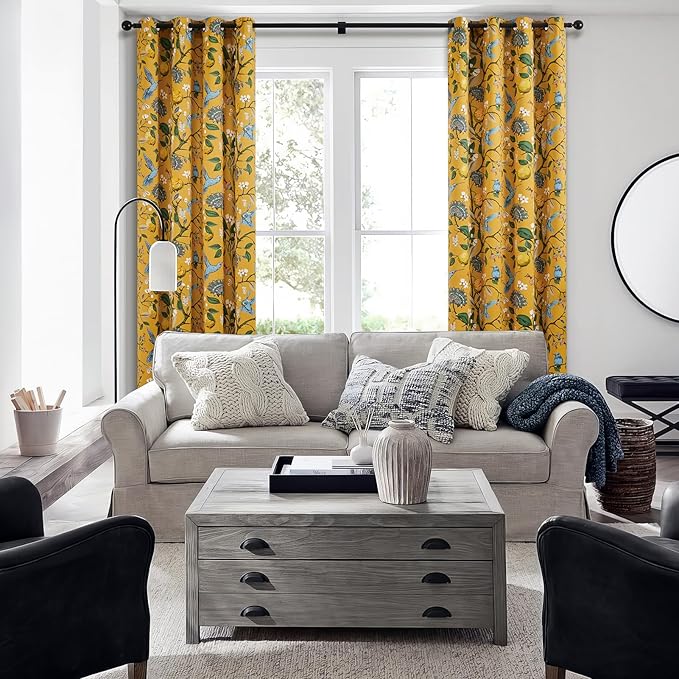 Topfinel 48 Inches Long Short Mustard Yellow Blackout Curtains for Cafe Kitchen, Grommet Room Darkening Luxury Floral Lemon Hummingbird Patterned Waverly Colorful Drapes for Living Room Bedroom