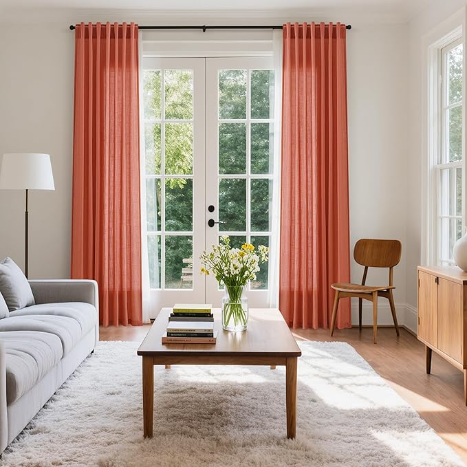 Nanspring Coral Linen Curtains 90 Inch Length 2 Panel Set Back Tab Rod Pocket Semi Sheer Light Filtering Neutral Boho Farmhouse Lightweight Drapes for Bedroom and Living Room 52x90