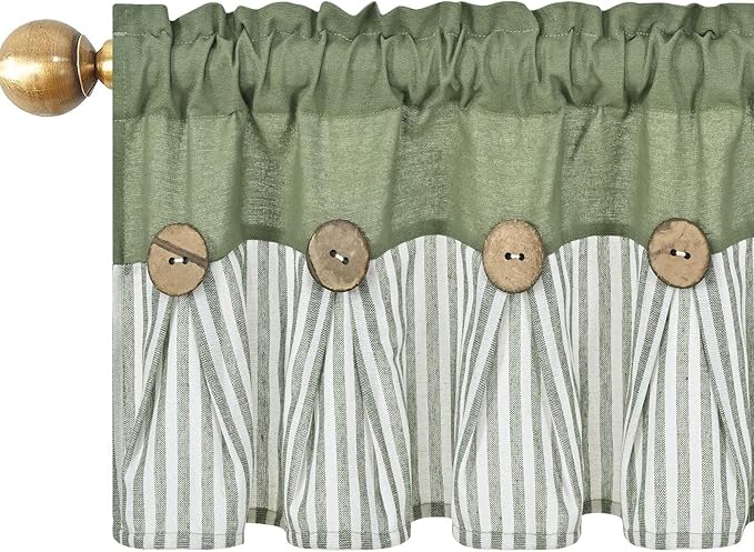 ASPMIZ Farmhouse Cotton Linen Valances for Windows, Boho Kitchen Curtains Valances with Rustic Button, Green Striped Window Treatments Curtain Valance for Bathroom Cafe, 60 x 14 Inch, 1 Pannel