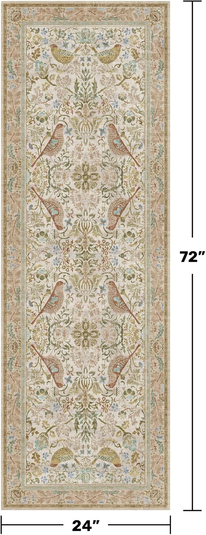 Hazo Haus Boho Long Bathroom Runner Rug 2x6 - Floral & Bird Runner Rug for Kitchen Floor, Hallway, Laundry Room, Bedroom, Entrance, Beige Neutral Vintage Decor, Washable Non Slip Low Pile