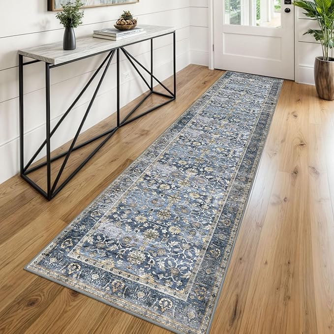 KUTA Vintage Washable Runner Rug, 2x8 Blue Grey Beige Runners for Hallways Non-Slip Kitchen Rugs Ultra Thin Soft Printed Distressed Floral Floor Carpet for Laundry Bedroom Living Room Nursery