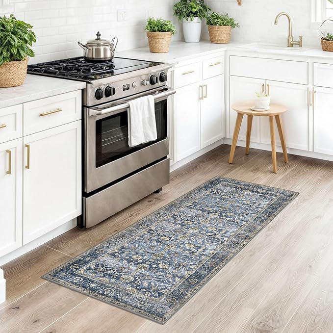 KUTA Runners for Hallways 2x5 ft, Vintage Floral Rug Non-Slip Washable Kitchen Rugs Blue Grey Beige Ultra Thin Soft Printed Distressed Flower Carpet Entryway Rugs for Bedroom Laundry Nursery
