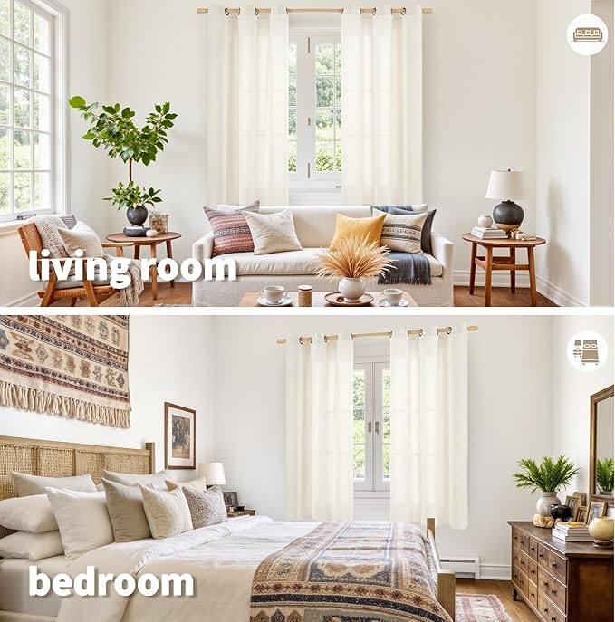 YoungsTex Ivory Linen Curtains 63 Inch Length for Living Room, Light Filtering Semi Sheer Window Drapes with Bronze Grommet Privacy for Bedroom Farmhouse Decorative, 42 x 63 Inch, 2 Panels