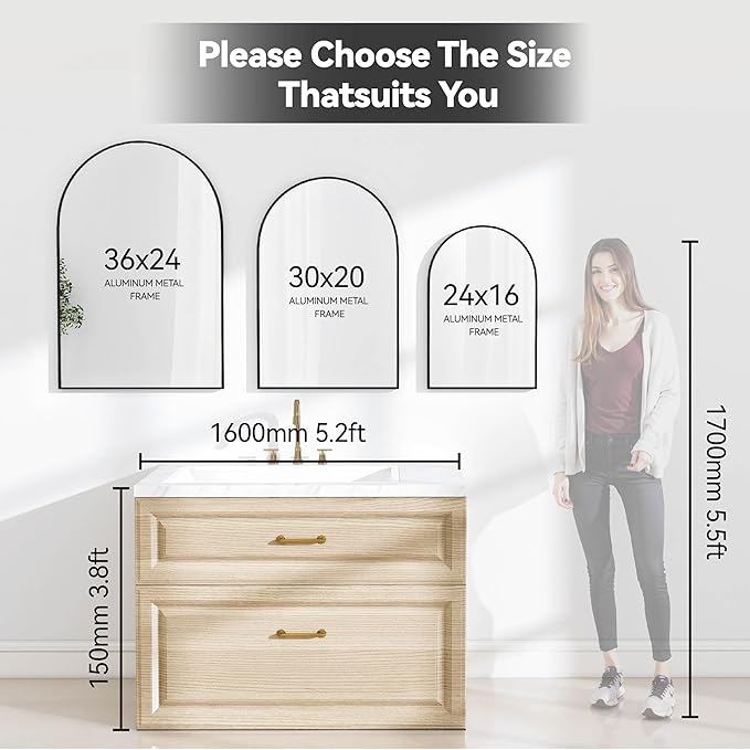 SCWF-GZ 30x20 Arch Mirror Rectangle Wall Mounted Hanging or Against Wall Aluminum Alloy Metal Frame Dressing Make-up Mirrors for Entryway Bedroom Bathroom Living Room 30 20 inch Black