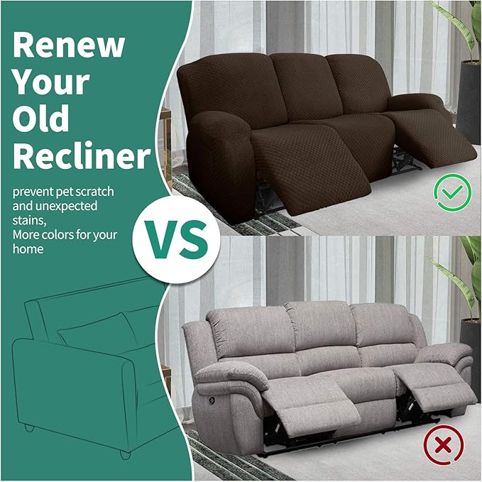 YEMYHOM 8 Pieces Stretch Recliner Sofa Cover Latest Jacquard Reclining Couch Cover with Side Pocket Anti-Slip Fitted 3 Cushion Furniture Slipcovers with Elastic Bottom (Sofa Recliner, Dark Coffee)
