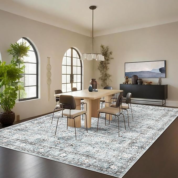 GarveeHome Area Rug 9x12 Washable Rugs for Living Room, Vintage Floral Distressed Design, Ultra Soft Low Pile Foldable Carpet, Indoor Foldable Retro Floor Mats for Home Decor, Grey and Blue
