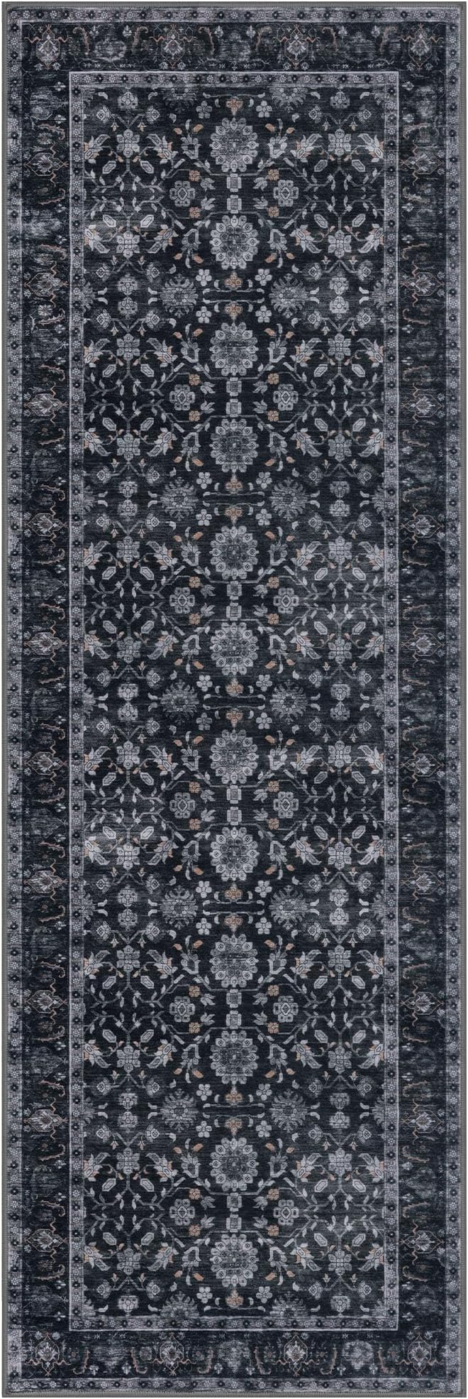 KUTA Runners for Hallways 2x6, Vintage Floral Rug Non-Slip Washable Kitchen Rugs Black Grey Orange Ultra Thin Soft Printed Distressed Flower Carpet Entryway Rugs for Bedroom Laundry Nursery