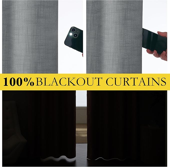 NICETOWN Vintage Open Linen Weave Flax Thermal Curtains, Dove Grey, 34" Wide Per Panel, Set of 2, 100% Blackout Curtains 60" Long for Dining Room, Soundproof Window Treatment Drapes for Cupboard