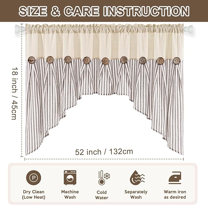 ASPMIZ Farmhouse Cotton Linen Swag Valances for Windows, Boho Kitchen Curtains Valances with Rustic Buttons, Brown Striped Window Treatments Curtain Valance for Bathroom Cafe, 61 x 36 Inch, 1 Panel