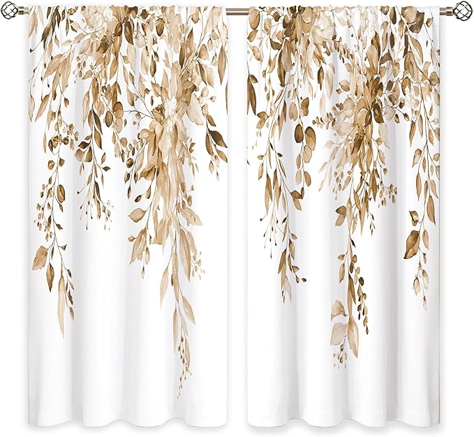 Tan Eucalyptus Botanical Leaves Floral Window Curtains Watercolor Yellow Flower Plant Wildflower Farmhouse Fall Curtain Drapes Herb Curtains for Bedroom Living Room Treatment 42Wx45H Inch