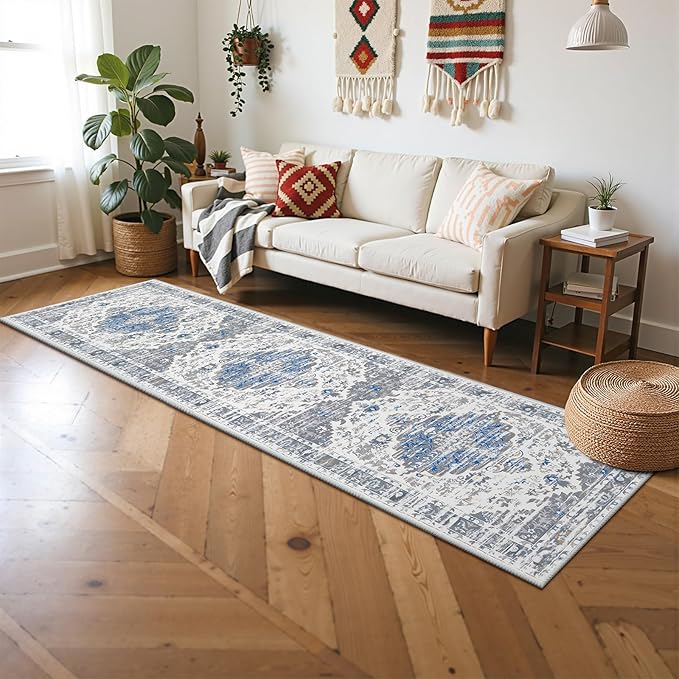 Ileading Washable Hallway Runner Rugs, 2x8 Non Slip Runners Area Rug for Entryway Kitchen Bathroom Bedroom Laundry Living Room, Long Narrow Low-Pile Floor Carpet Boho Vintage Throw Mat for Kids Room