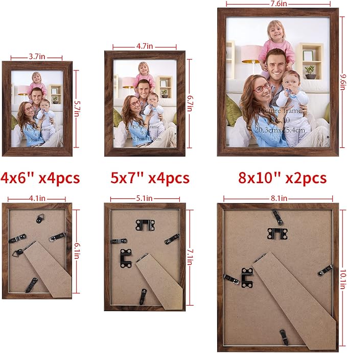 Giftgarden 10-Pack Brown Picture Frames for Multiple Sizes Photos, Four 4x6, Four 5x7, Two 8x10, Multi Assorted Rustic Walnut-Color Frame Collage for Wall or Tabletop