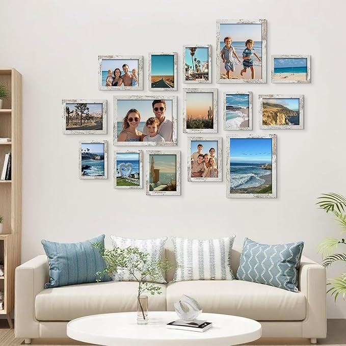 BESCRCL 15 Pack Real Glass Picture Frames Collage Wall Decor, Including 3pcs 8x10, 6pcs 5x7, 6pcs 4x6 Photo Frames for Gallery Wall or Tabletop Display, Distressed White