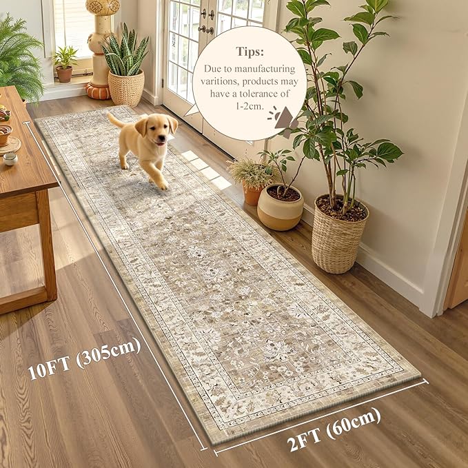 LOKHOM Washable Runner Rug, 2x10 Non-Slip Boho Hallway Rug with Rubber Backing, Vintage Soft Stain Resistant Distressed Kitchen Runner Rug for Kitchen Laundry Entryway Bedroom (Beige Brown)