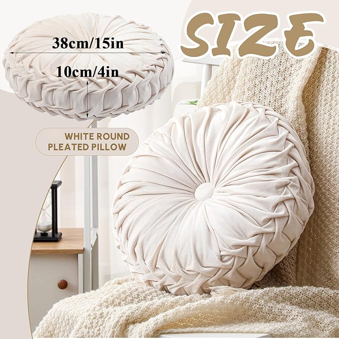Drydiet 1 Pcs Round Throw Velvet Pillows Decorative Pleated Throw Pillows 15'' Diameter Accent Pumpkin Boho Chair Cushion for Couch Sofa Home Decoration (Beige)