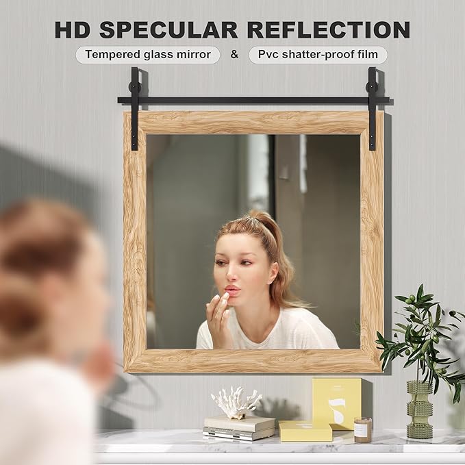 Hasipu Farmhouse Bathroom Mirror, 31"x31" Rustic Wood Framed Wall Mounted Mirror, Brown Vintage Vanity Mirror Barn Door Style Decrative Mirrors