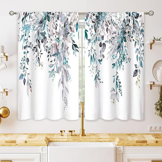 Blue Grey Eucalyptus Botanical Leaves Floral Kitchen Window Curtains Over Sink Farmhouse Flower Leaf Small Window Treatment Cafe Short Curtains for Bathroom Treatment Tier Drapes 27.5x39 inch