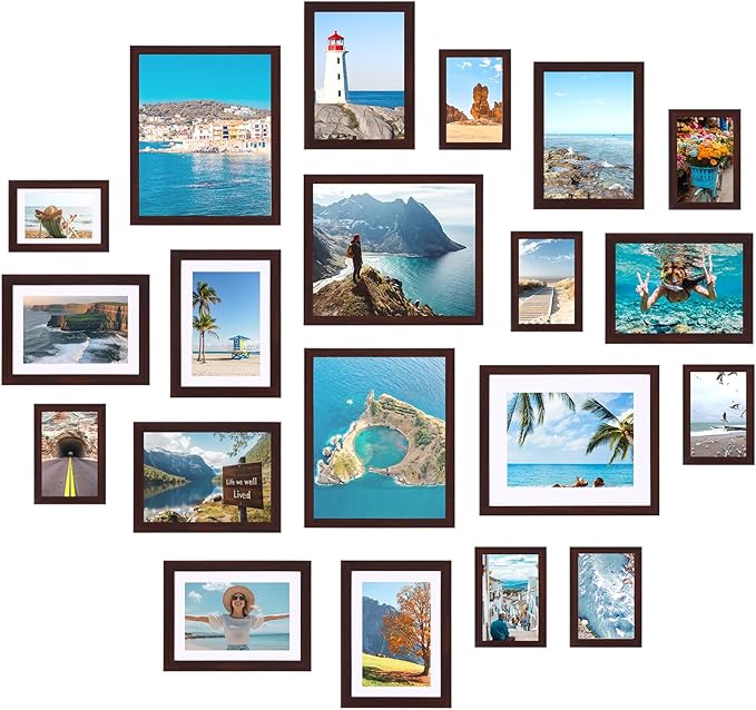 Fixwal 20 Pack Picture Frames Collage Wall Decor Wall Frame Set for Gallery Wall Decor, Hanging or Tabletop Display, Assorted Picture Frames Including 8x10, 5x7, 4x6 Family Photo Frames, Brown