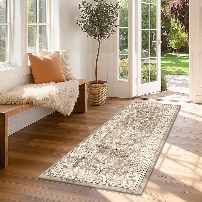 LOKHOM Washable Runner Rug, 2x5 Non-Slip Vintage Hallway Runner Rug with Rubber Backing, Boho Floral Soft Kitchen Rug Distressed Carpet Runner for Kitchen Laundry Entryway (Beige Brown)