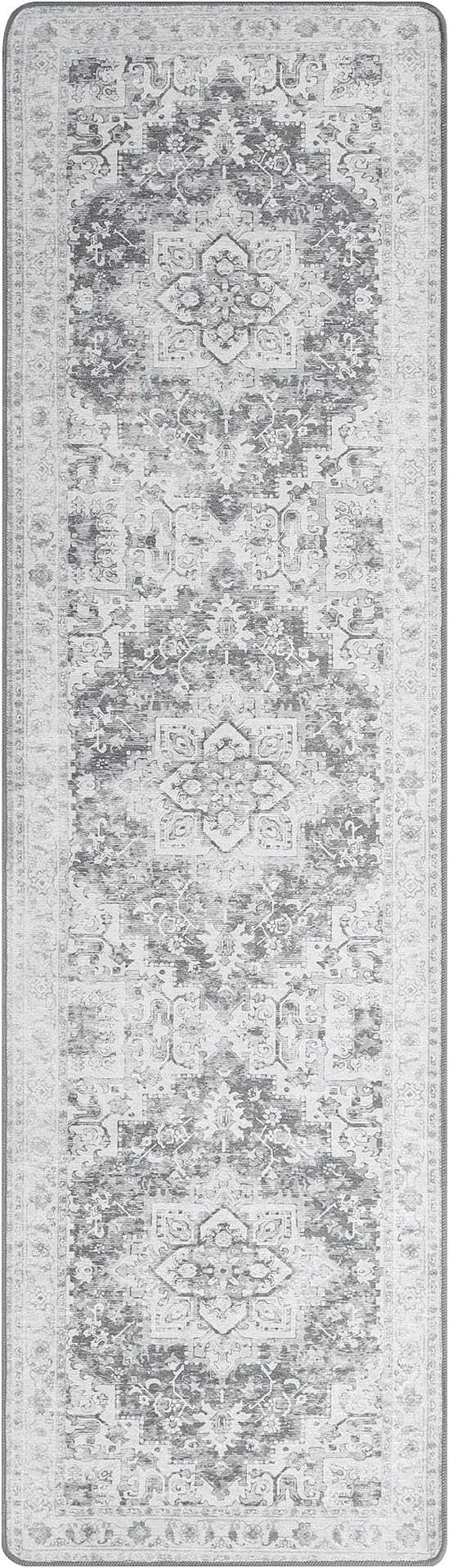 GENIMO Runner Rug for Hallways Machine Washable, 2x10 Non Slip Boho Vintage Lightweight Washable Runners, Thin Floor Rugs for Entryway Hallway Bathroom Laundry Room Corridor, Gray White
