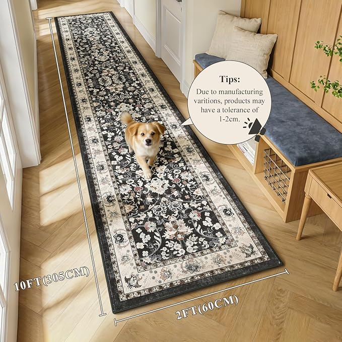 LOKHOM Washable Runner Rug, 2x10 Non-Slip Vintage Farmhouse Hallway Runner Rug with Rubber Backing, Boho Soft Faux Wool Kitchen Rug Carpet Runner for Kitchen Laundry Entryway Bedroom (Black)