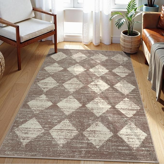 Lahome Zelie Moroccan Treills Area Rug, 3x5 Rugs for Living Room Washable Entry Mat, Checkered Modern Soft Beige Indoor Accent Carprt for Coffee Table Bedroom Family Dinning Room Playroom