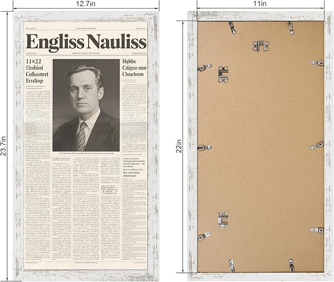 11x22 Newspaper Frame 2 Packs, Real Glass and Distressed White Wood Frame, Display Panoramic 11 x 22 Magazine Frames - Horizontal or Vertical Wall Mounting