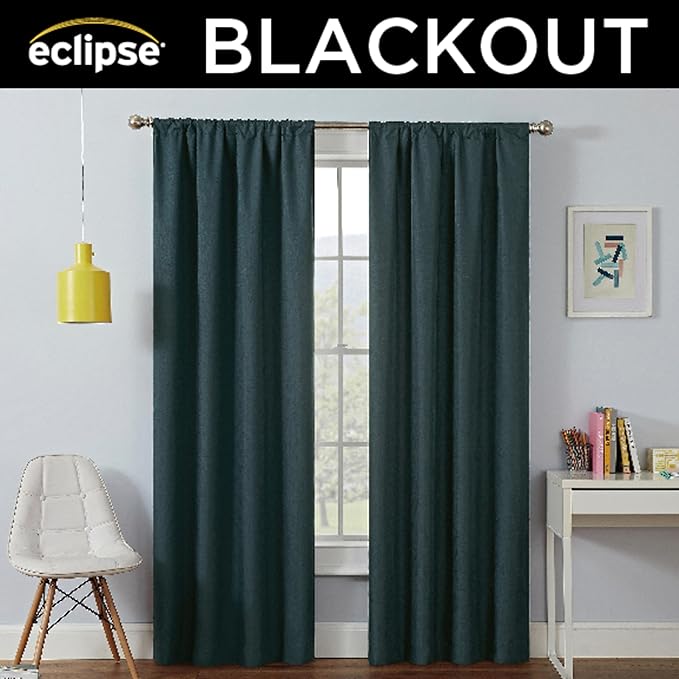 Eclipse Kendall Modern Blackout Thermal Rod Pocket Window Curtain, Insulating & Noise Reducing Curtains for Bedroom or Living Room (1 Panel), 84 in Long x 42 in Wide, Teal