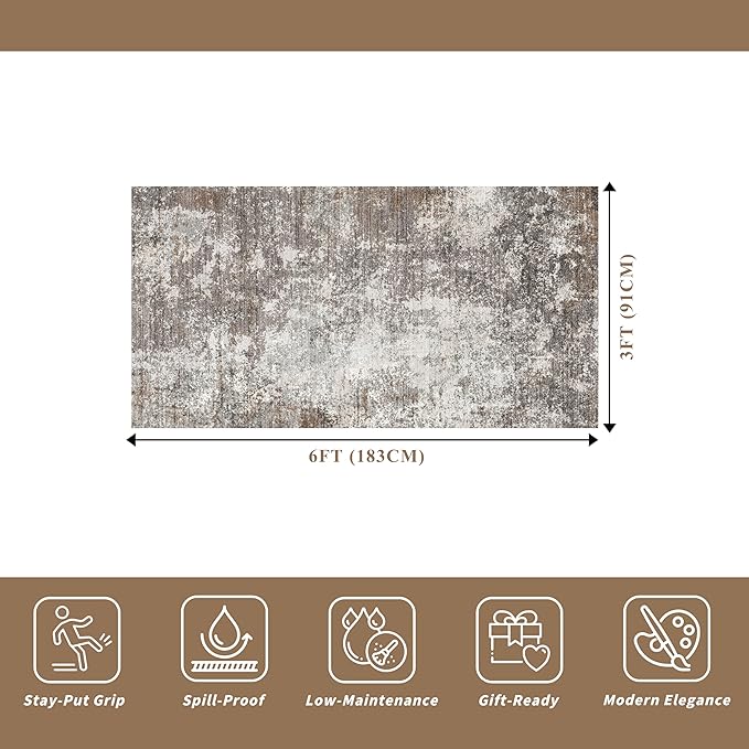 3x6 Non-Slip Washable Entryway Rug - Stain-Resistant Low-Pile Thin Wide Carpet Runner for Kitchen, Hallway, Bathroom | Modern Neutral Abstract(Brown Beige,3x6)