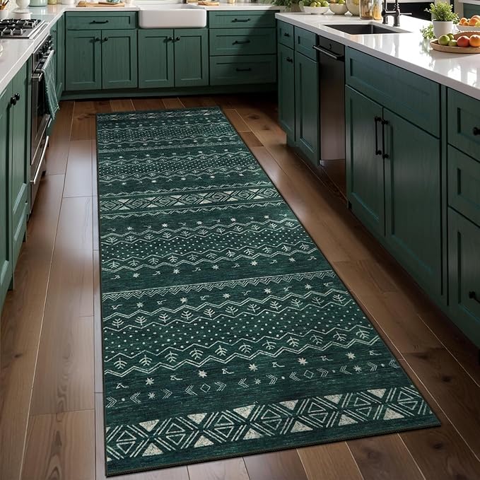 SERISSA 2x6 Kitchen Runner Rug, Washable Non-Slip Dark Green Boho Rug, Soft Low-Pile Geometric Indoor Carpet for Hallway Laundry Room Bathroom Bedroom Entryway