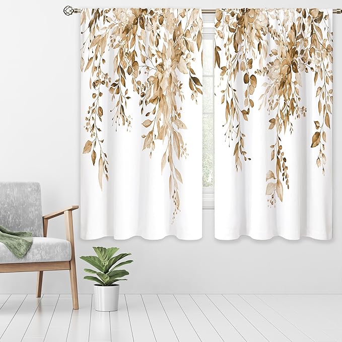 Tan Eucalyptus Botanical Leaves Floral Window Curtains Watercolor Yellow Flower Plant Wildflower Farmhouse Fall Curtain Drapes Herb Curtains for Bedroom Living Room Treatment 42Wx45H Inch