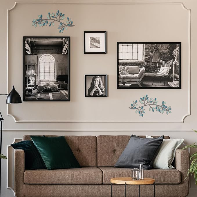 Hotop 2 Pieces Metal Tree Leaf Wall Decor Vine Olive Branch Leaf Wall Art Wrought Iron Scroll Sculptures Above the Bed, Living Room, Outdoor Decoration(Classic Style,Teal)