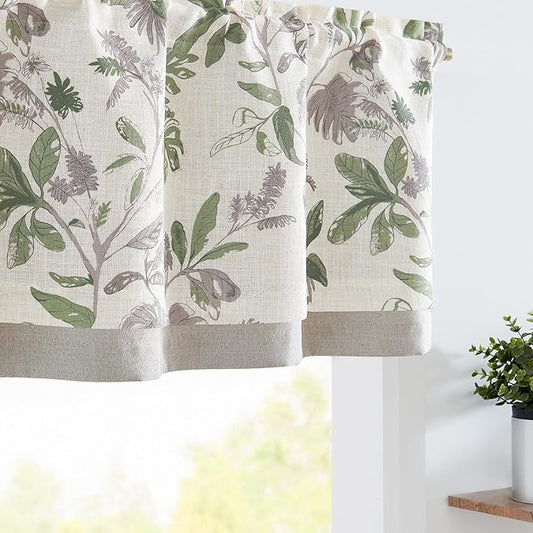 jinchan Linen Valance Double Layer Kitchen Window Curtain Green Leaf on Beige Valance for Living Room Cafe Farmhouse Light Filtering Rustic French Country Curtain 16 Inch Rod Pocket 1 Panel