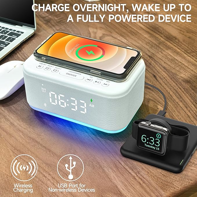 Alarm Clock Speaker Wireless Charger, Digital Alarm Clocks Bedrooms Bluetooth, Alarm Clock Dimmable Light Bedrooms Dual Alarm Snooze Dimmer 12 24H RGB Night Light Bluetooth USB AUX, White - Image 5