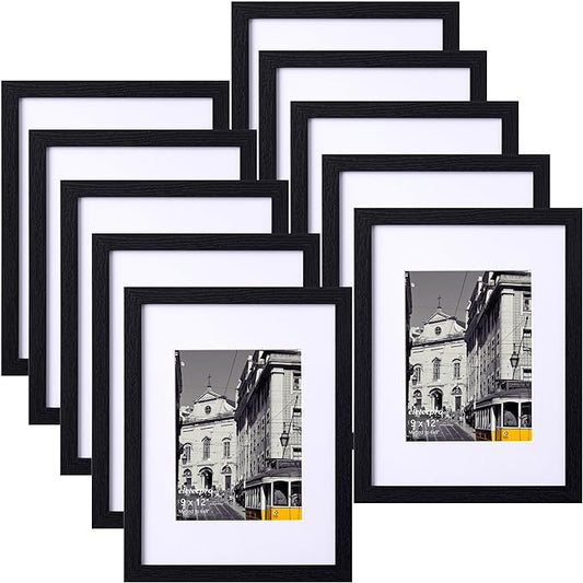 eletecpro 9x12 Picture Frames Set of 10, Picture Frame Collage Wall Decor Display 6x8 Photo with Mat or 9x12 without Mat, Home Decor Gallery Frame for Table Top or Wall Mounting, Black